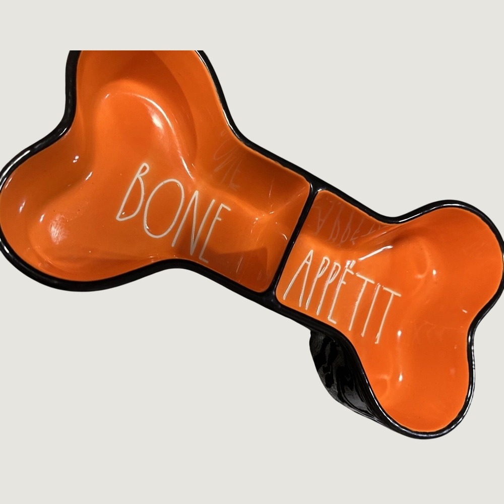 Rae Dunn Bone Appetit Ceramic Dog Bowl Orange Black Bone Shaped Double Dish
